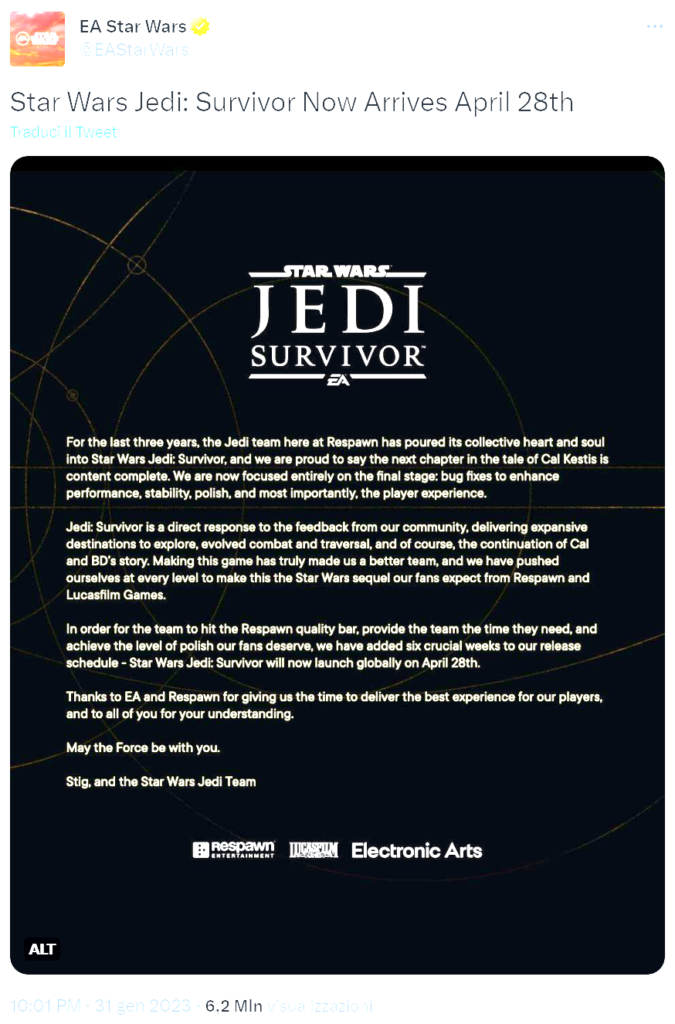 Star Wars Jedi: Survivor, Comunicato via Tweet di Respawn Entertainment