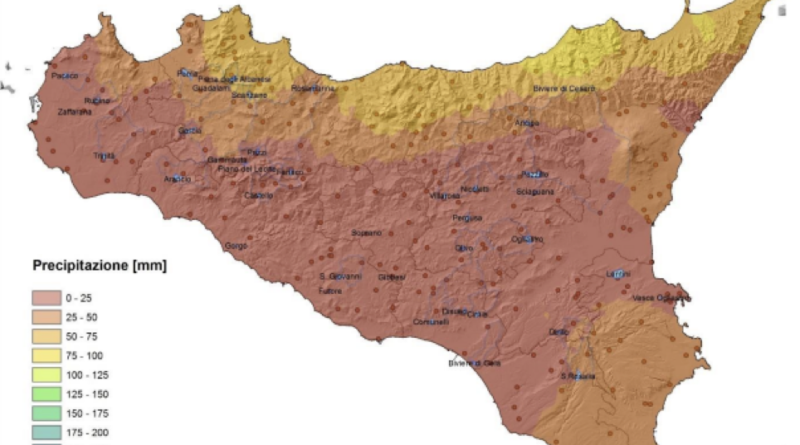 Mappa della precipitazione nella Sicilia,