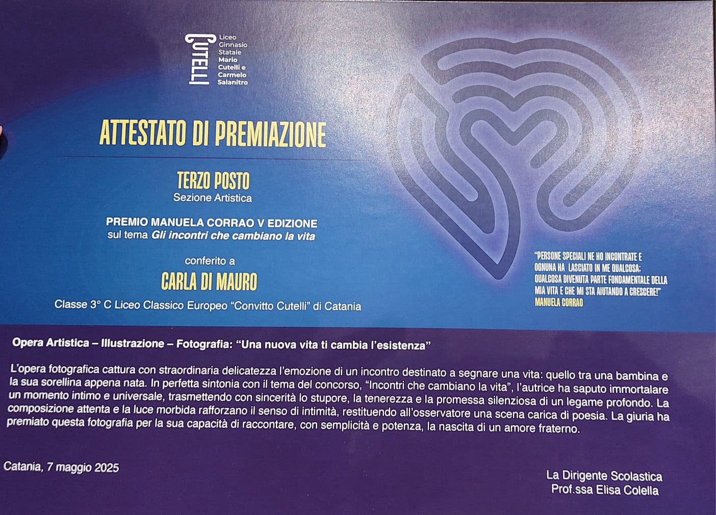 Una nuova vita ti cambia l’esistenza: terzo premio al Convitto Cutelli per l’arte della “scrittura con la luce”